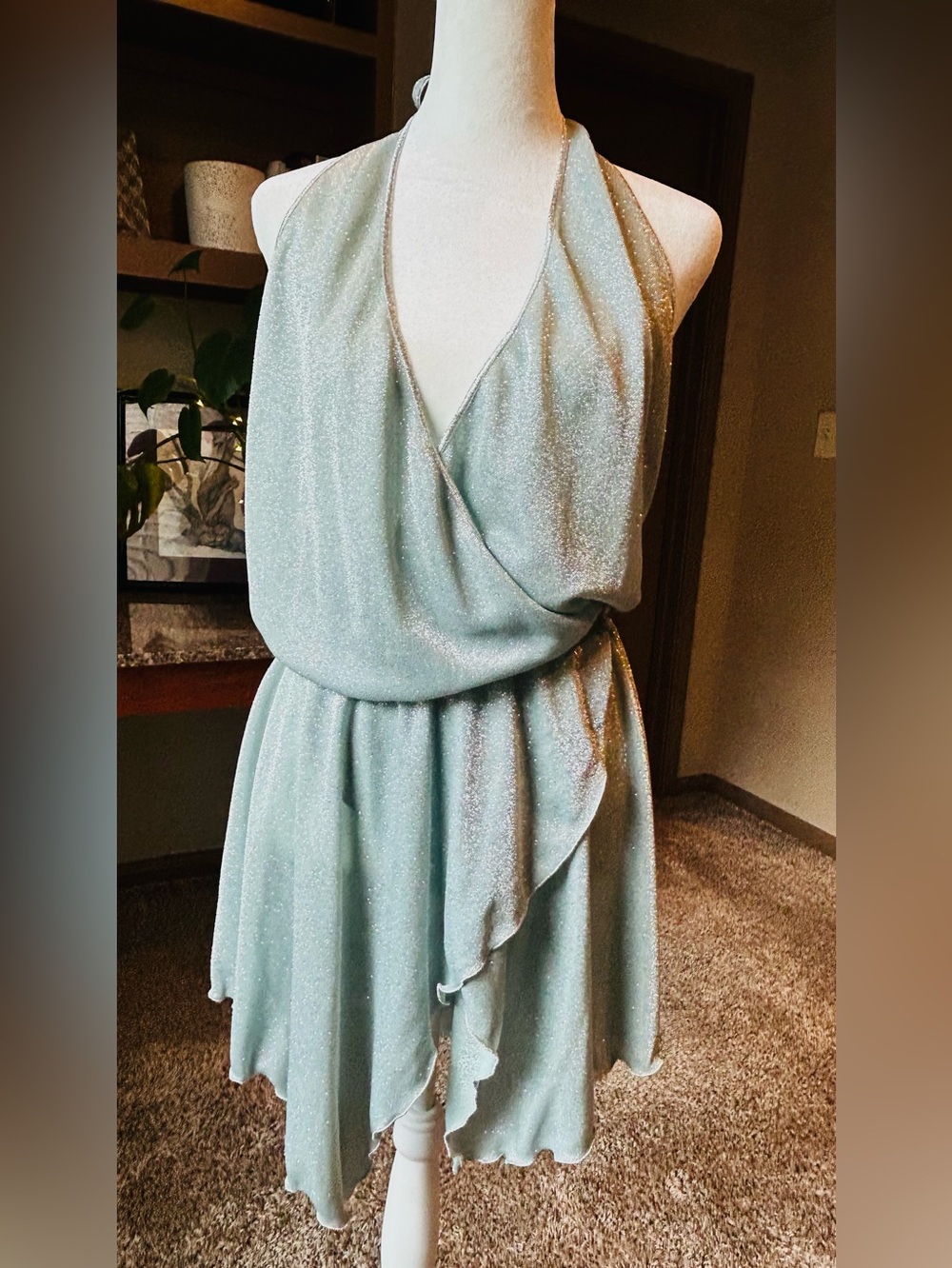 Chio Di Stefania D Metallic Halter Wrap Dress NWOT Italy Teal Silver L
